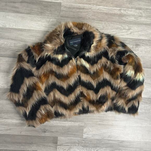 French Connection Dallow Faux Fur Bomber Jacket Chevron Brown Black Size XL - Picture 2 of 8